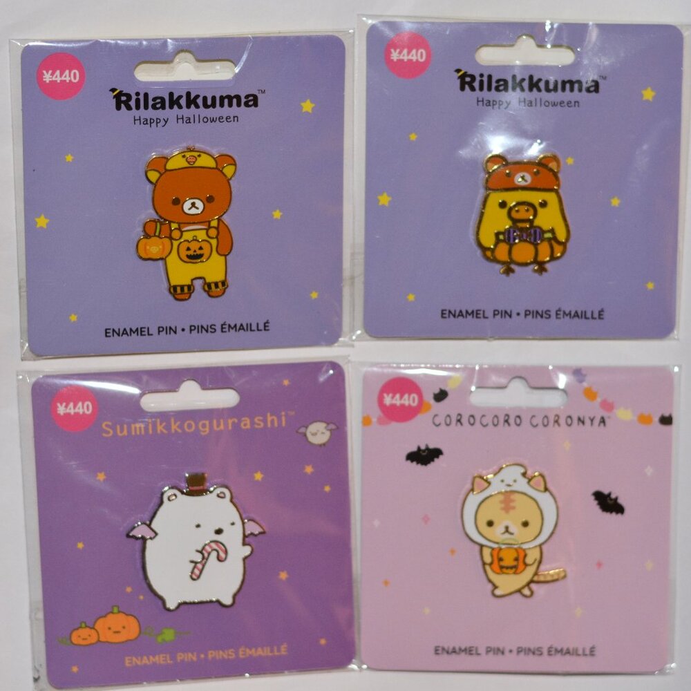 Lot (4) Rilakkuma, Sumikkogurashi, & Corocoro Cordnya Halloween Enamel Pins.